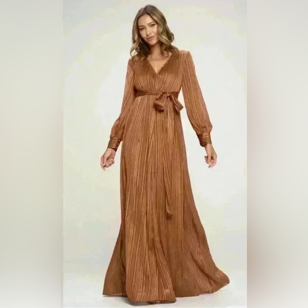 Baltic Born Women’s V-Neck Long Sleeve Shimmer Bridesmaid Maxi Dress, Size Large